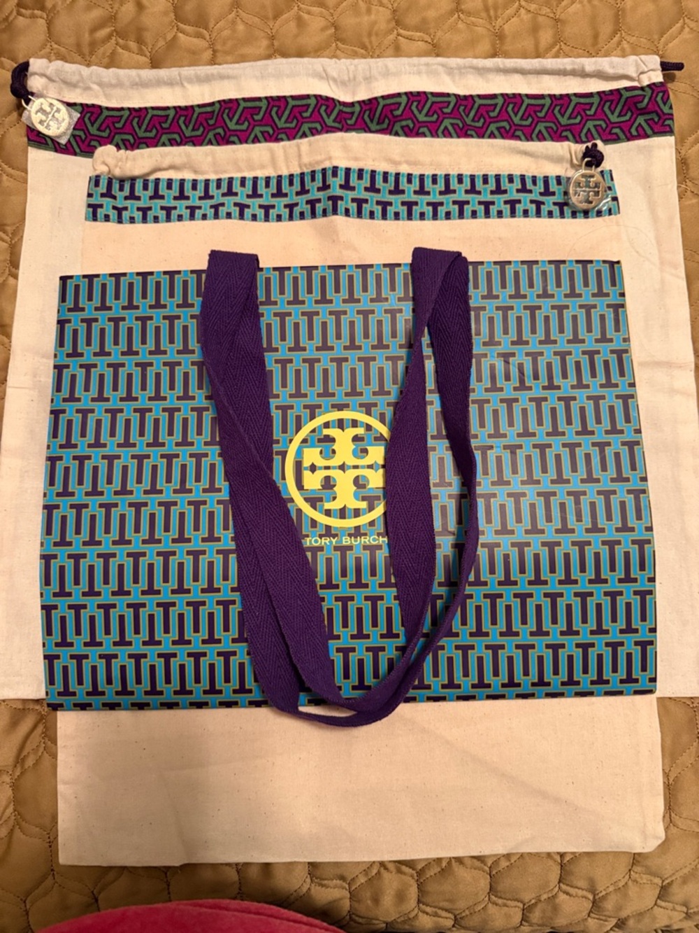 Tory Burch Teal & Purple Logo Shopping Bag & two cloth shoe covers.